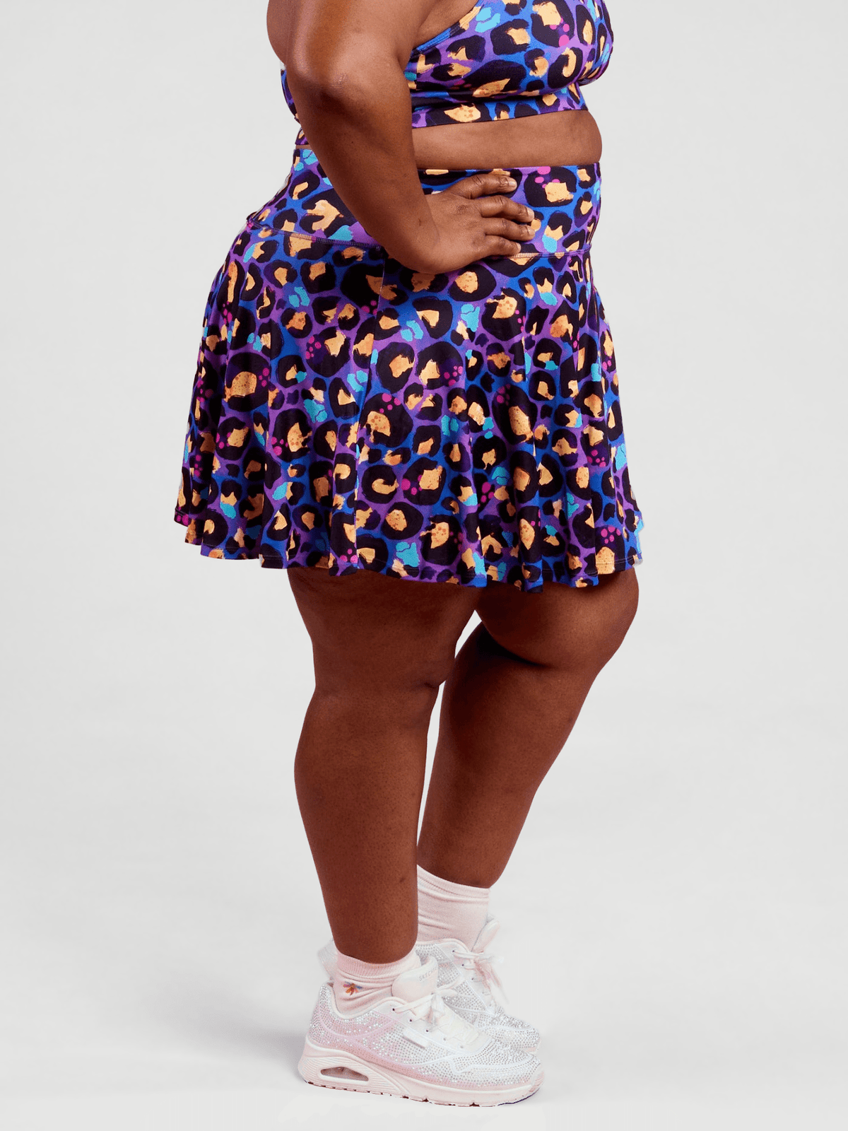 Berry Leopard Skort - mid-thigh length, worn by Zee