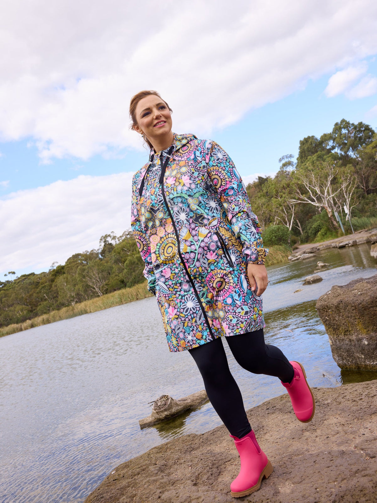 Coastal Wildflowers Longline Raincoat - raincoat with adjustable hood petite size