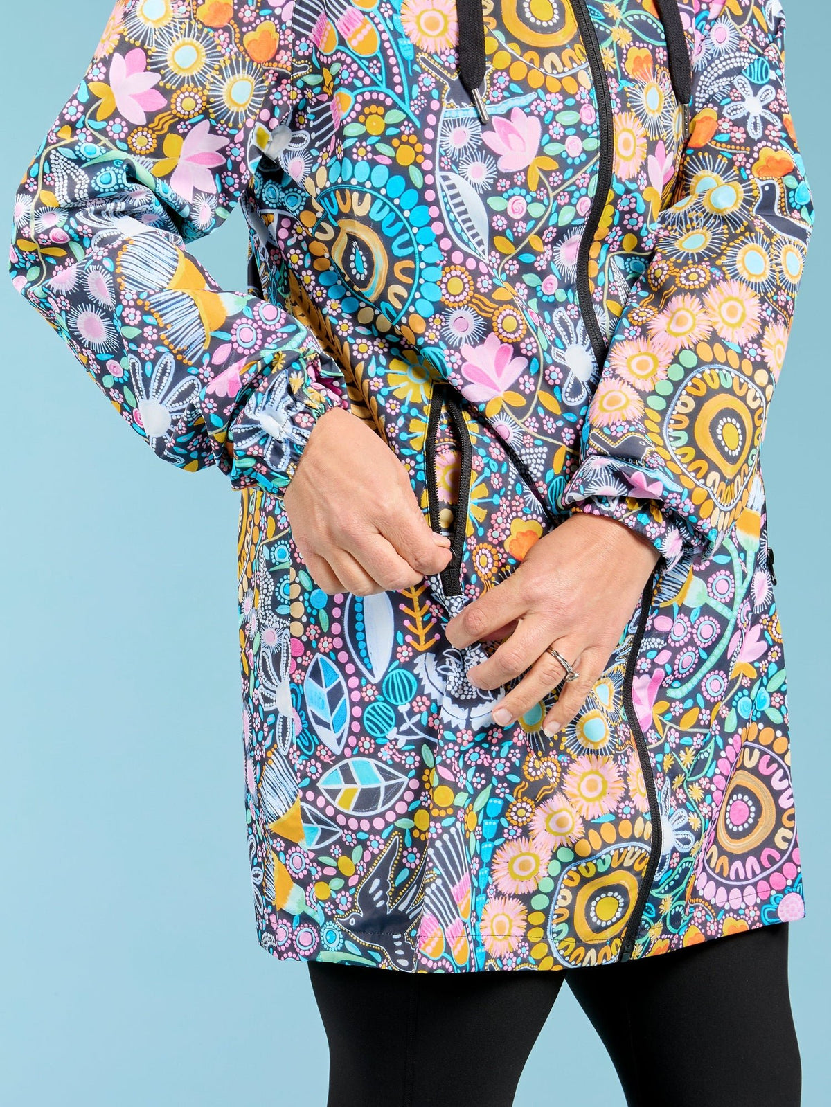 Coastal Wildflowers Longline Raincoat - waterproof pockets fully zipped