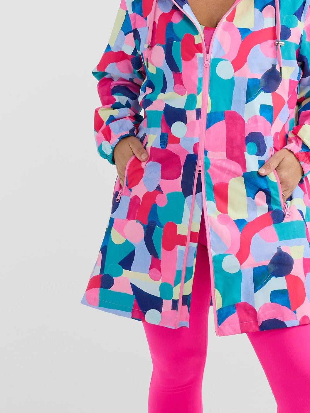 Confetti Jewels Longline Raincoat -longline printed design with two-way zip