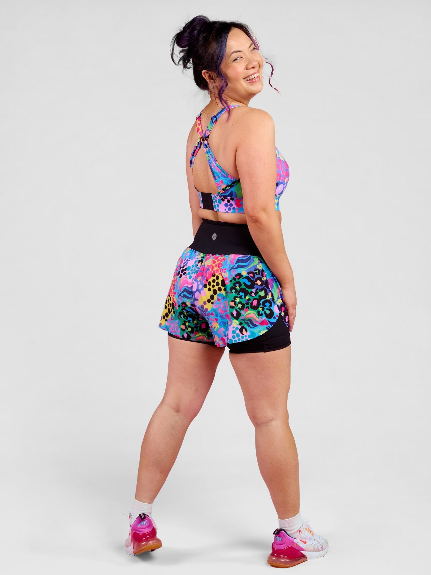Electric Leopard 2-in-1 Running Shorts - sustainably made material, worn by Faye