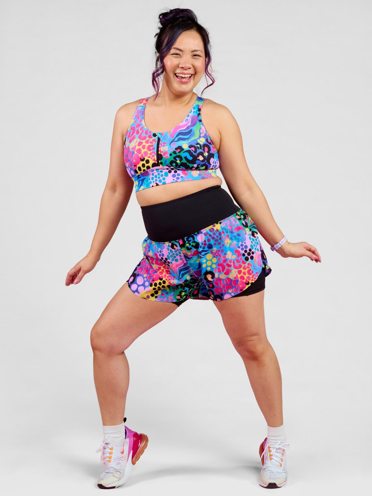 Electric Leopard 2-in-1 Running Shorts - sustainably made material, worn by Faye