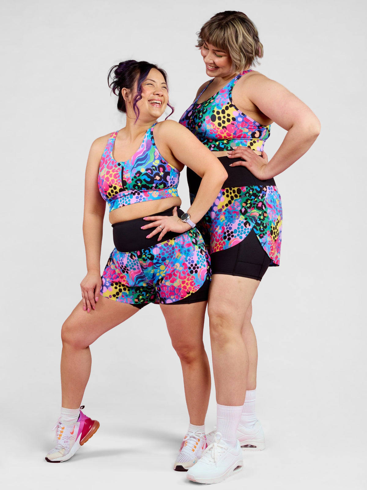 Electric Leopard 2-in-1 Running Shorts - lightweight outer short hidden pockets, worn by Faye and Steph