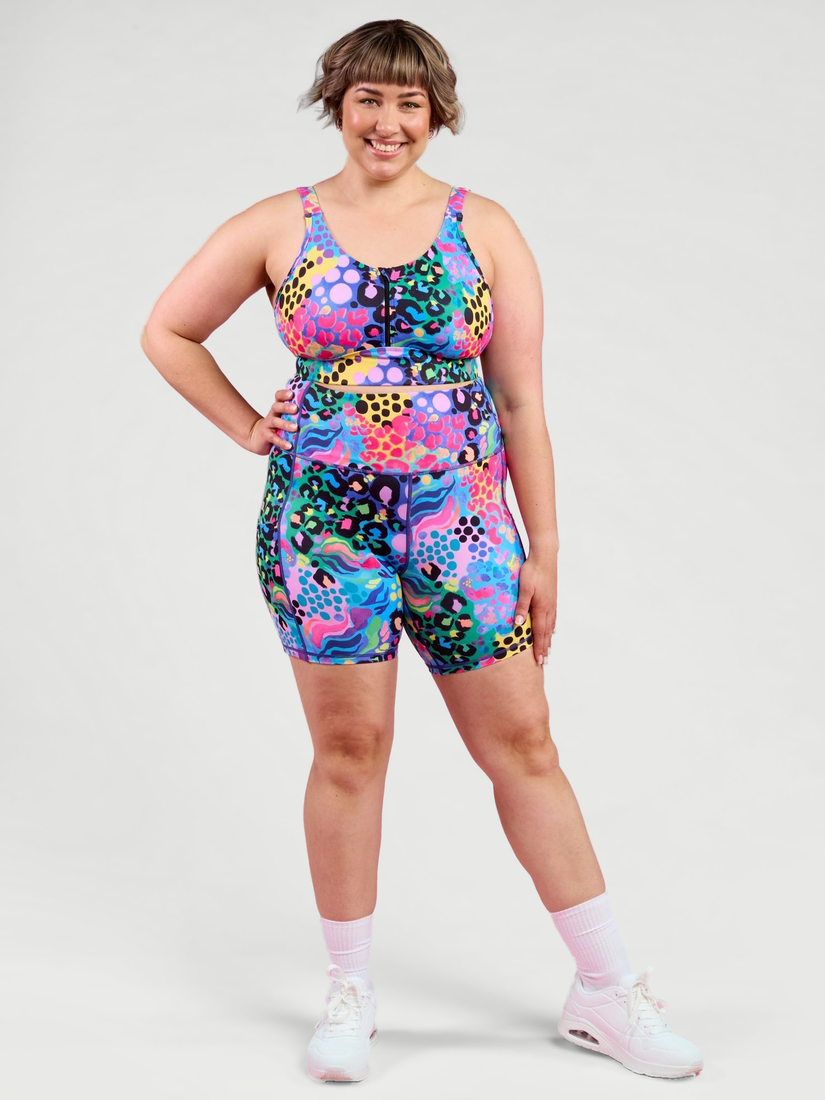 Electric Leopard Everyday Shortie Bike Shorts - high waisted mid thigh bike shorts plus size, worn by Steph