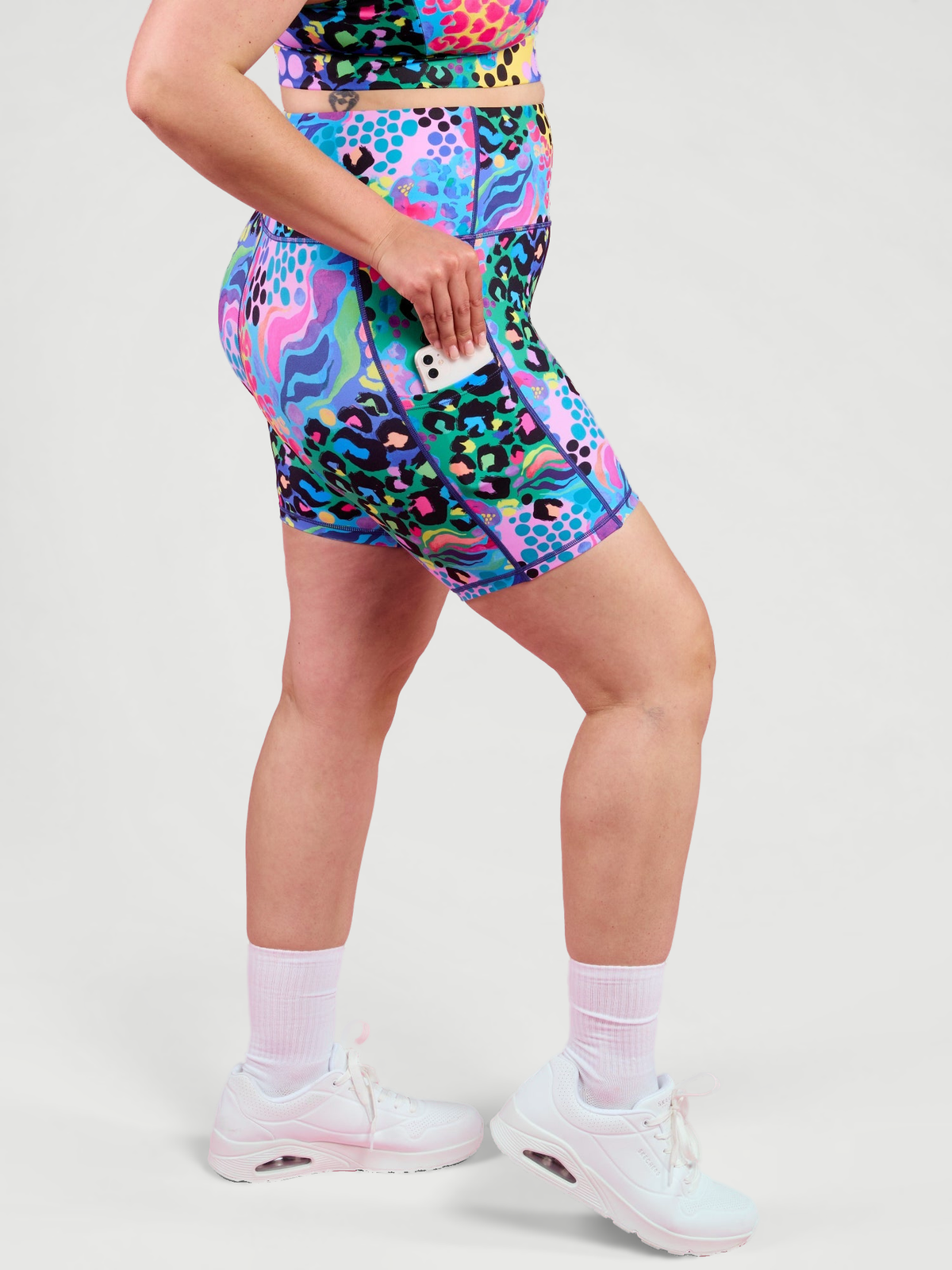 Electric Leopard Everyday Shortie Bike Shorts - mid tight shorts with pockets, worn by Steph