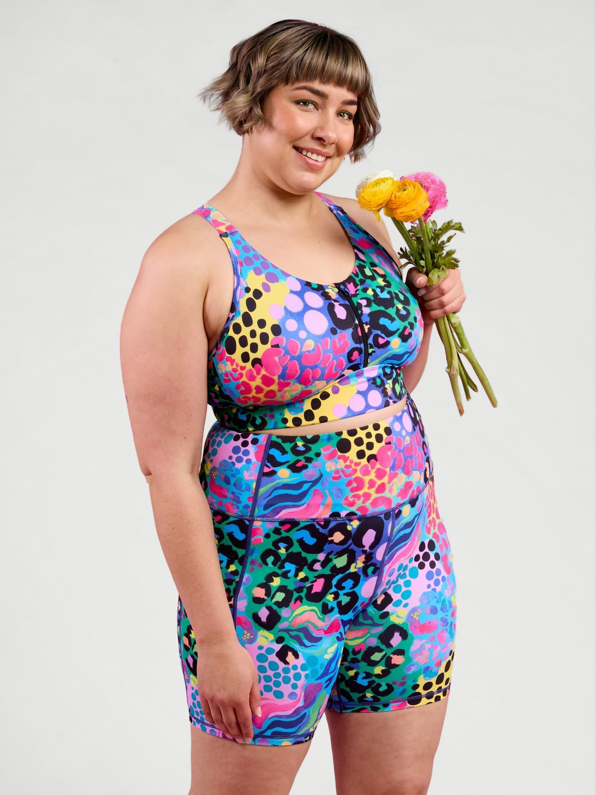 Electric Leopard Everyday Shortie Bike Shorts - high waisted mid thigh shorts with pockets, worn by Steph
