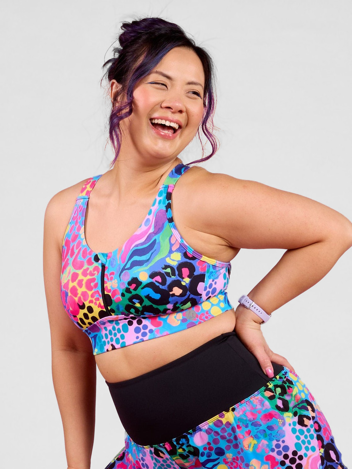 Electric Leopard FlexiZip Crop II - Soft smooth buttery cozy crop for running and everyday, worn by Faye