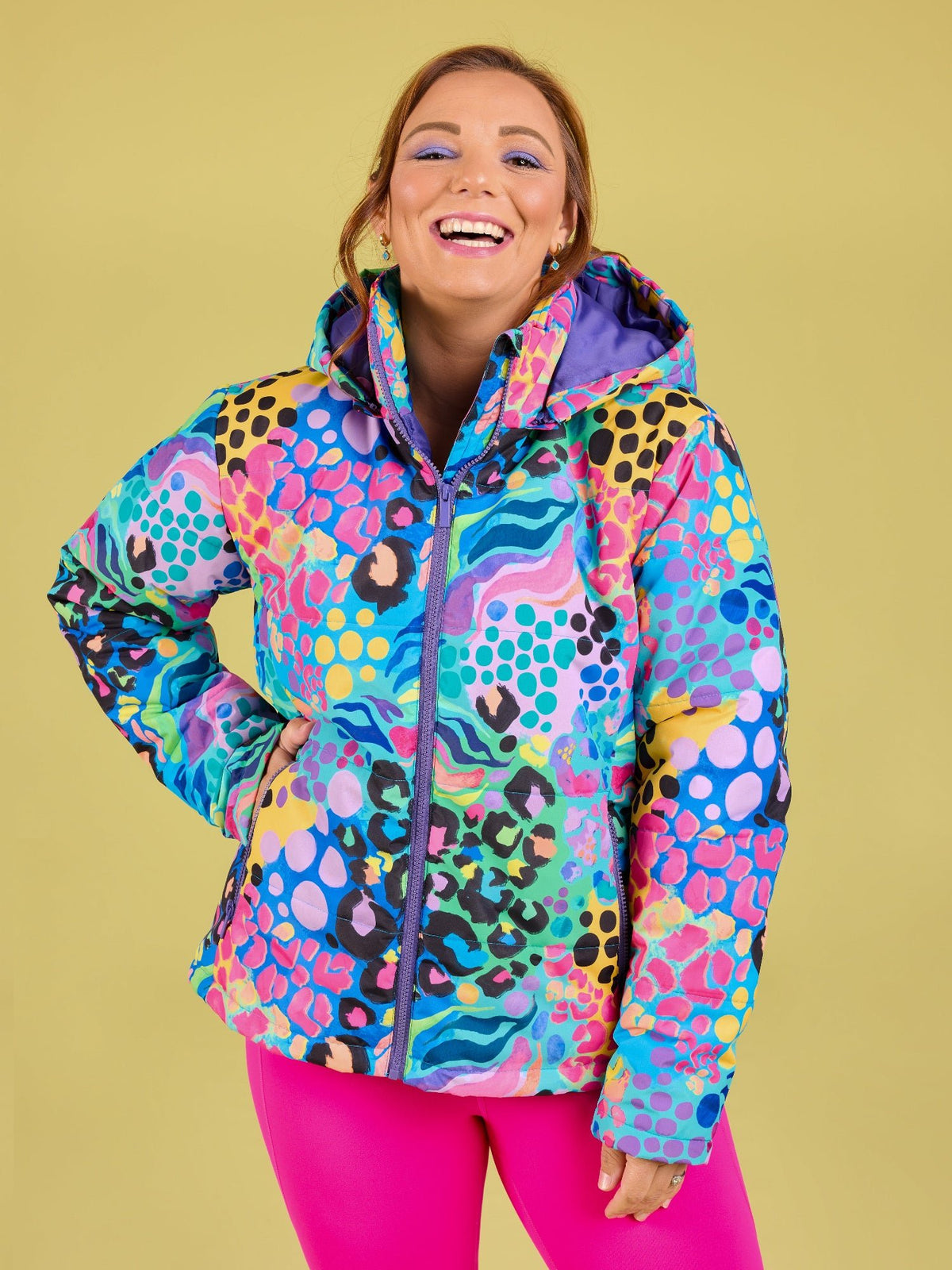 Electric Leopard Hooded Puffer Jacket - Kasey Rainbow print