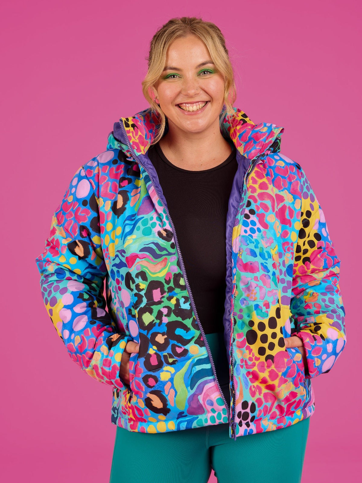 Electric Leopard Hooded Puffer Jacket - plus size women's jacket
