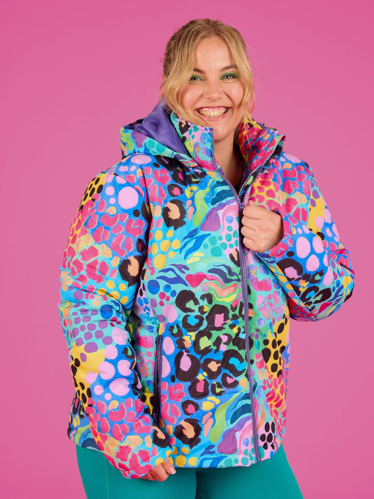 Electric Leopard Hooded Puffer Jacket - Full Zip-front curve friendly cut
