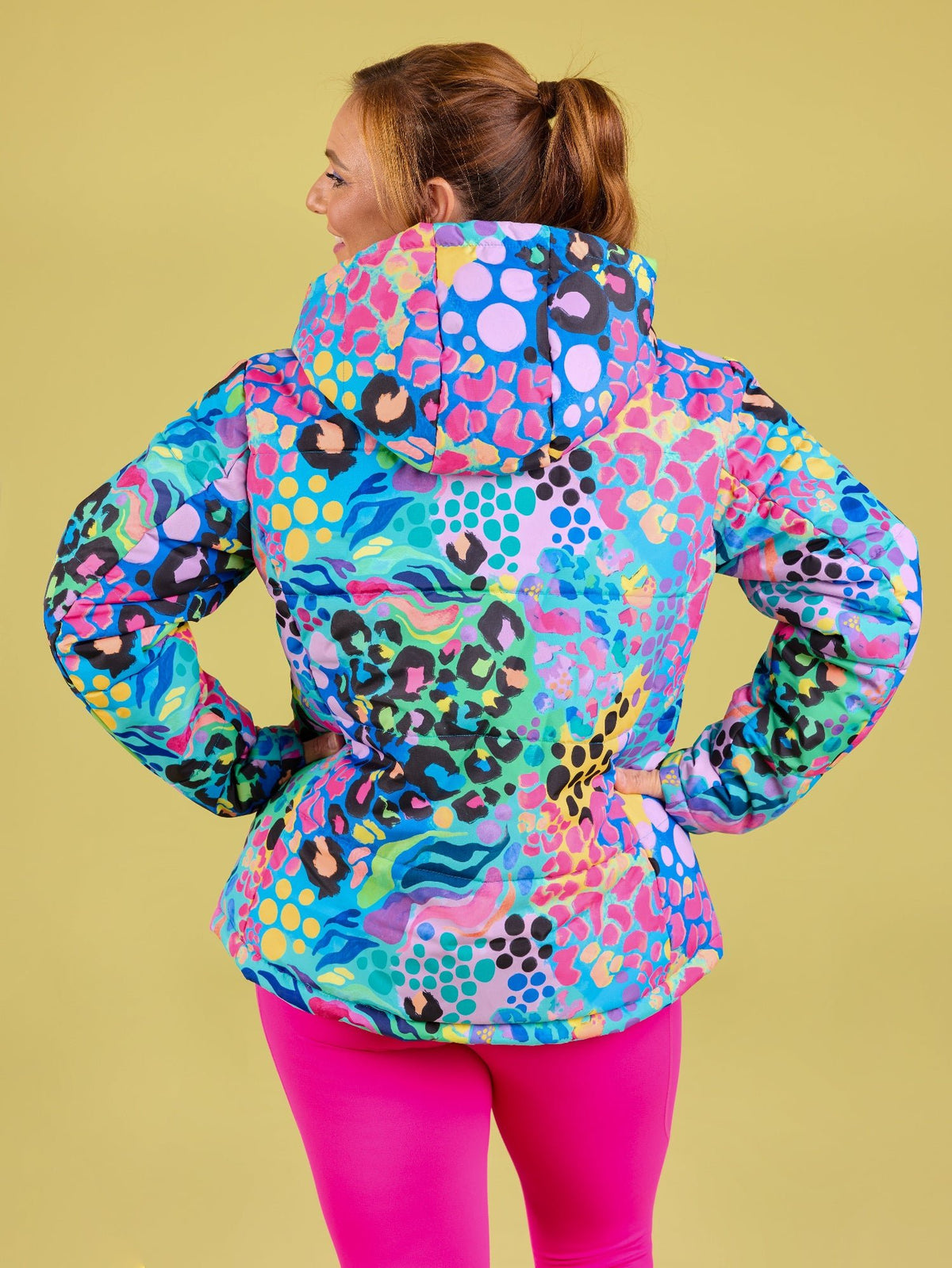 Electric Leopard Hooded Puffer Jacket - Kasey Rainbow print