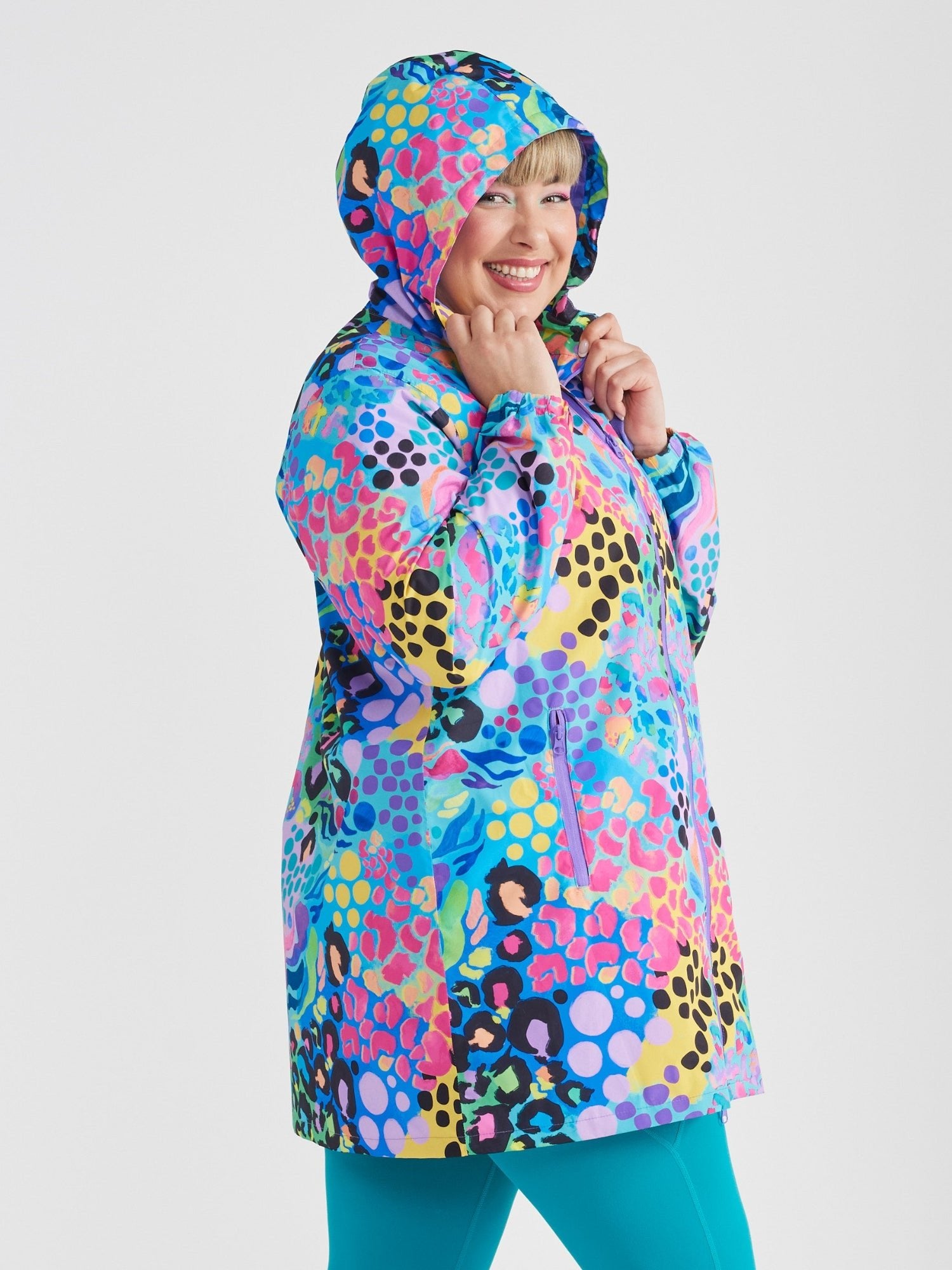 Electric Leopard Longline Raincoat - Women’s longline waterproof raincoat in bright printed design