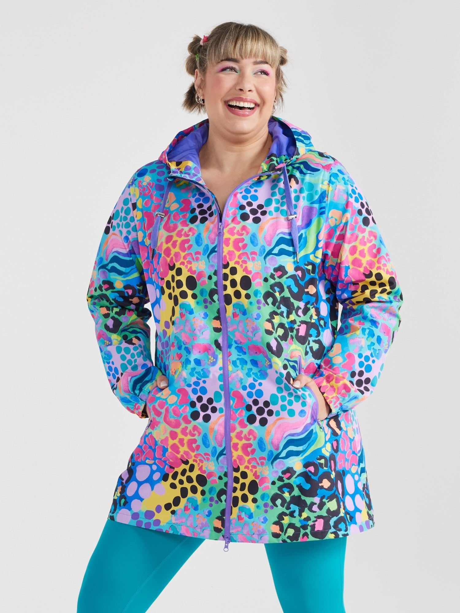 Electric Leopard Longline Raincoat - Women’s longline waterproof raincoat in bright printed design