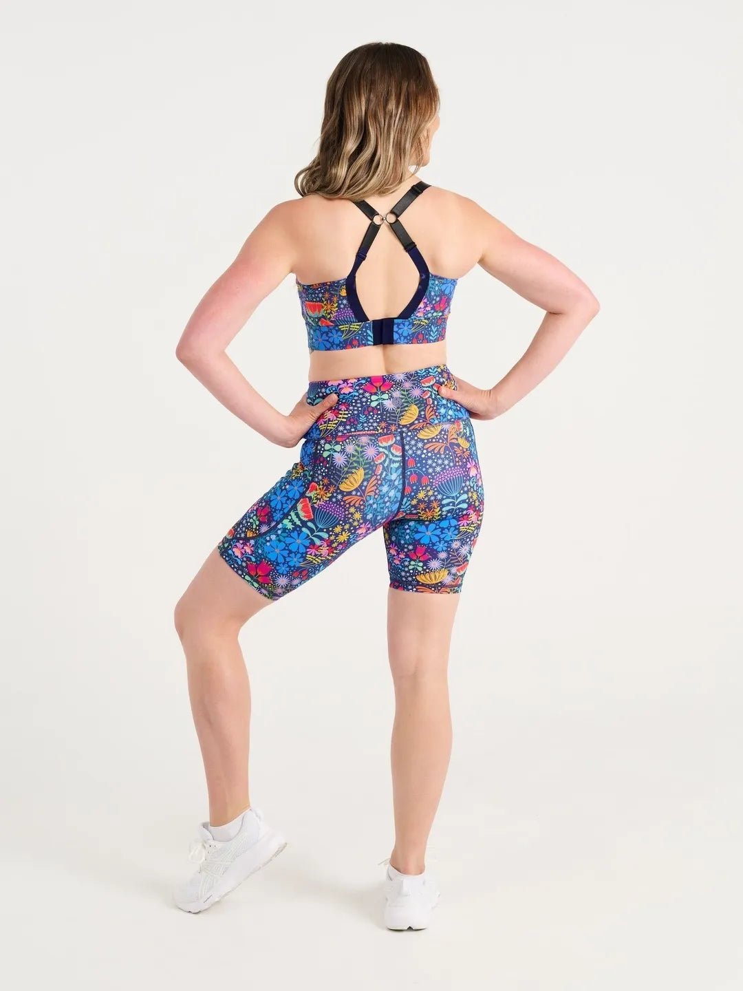 Ellie's Garden Everyday Bike Shorts - back view on Jen with dark navy straps