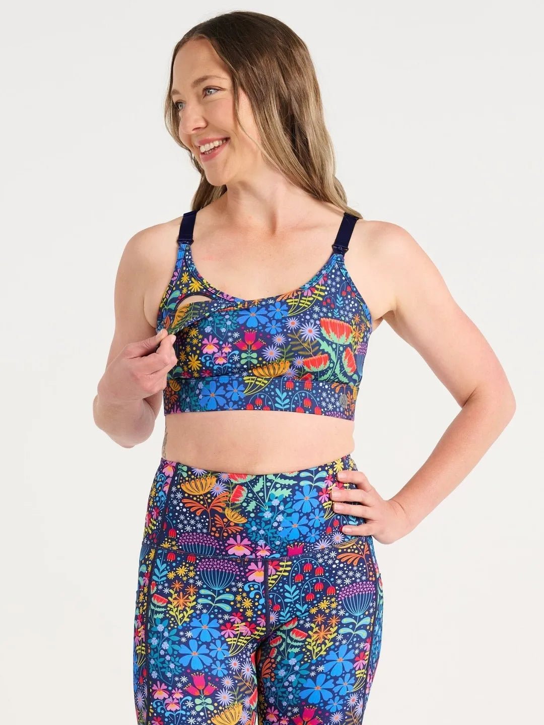 Ellie's Garden Miracle Nursing Sports Bra - 3/4 front view with dark navy straps