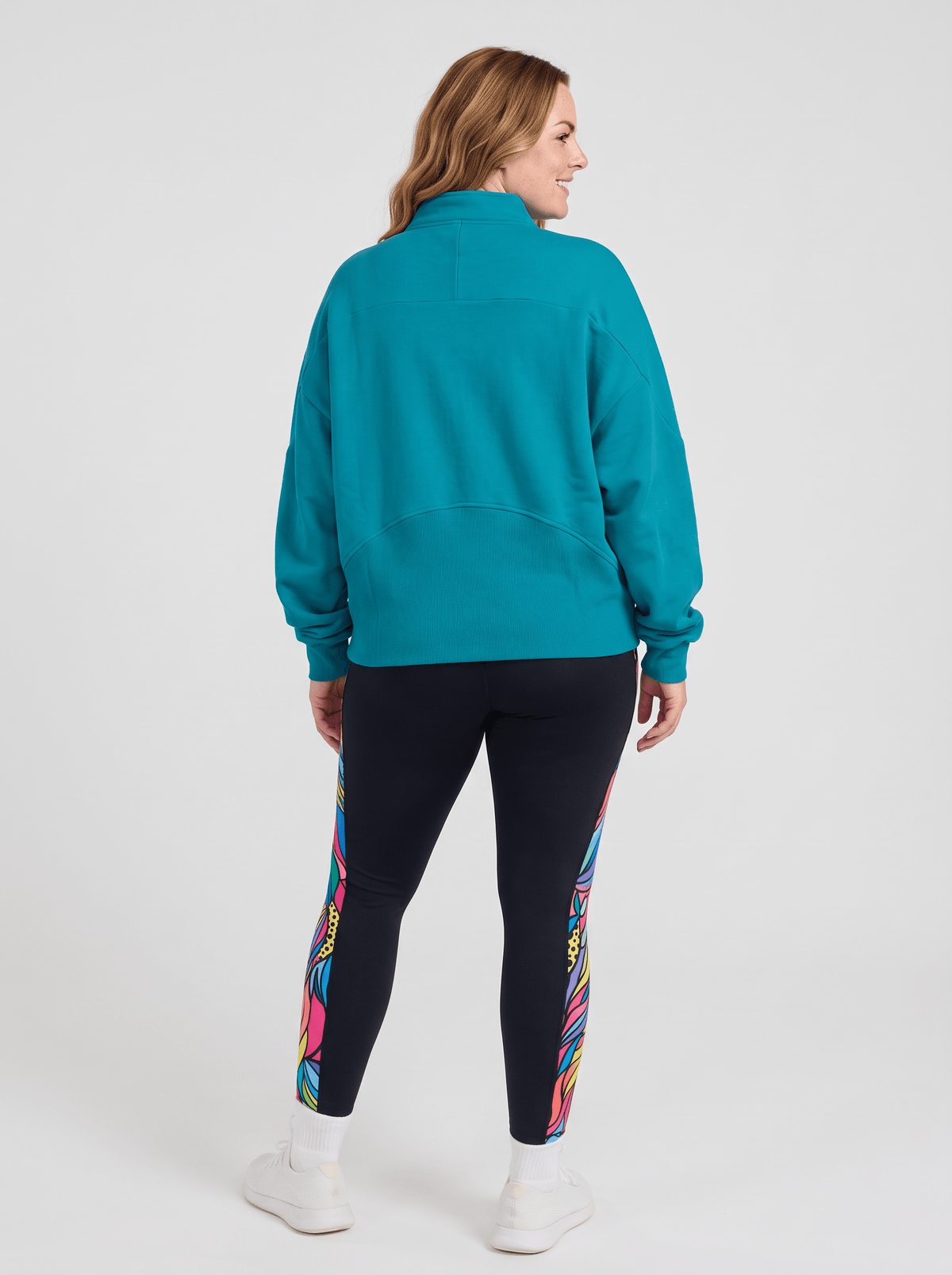FlexiZip Sweatshirt - Teal - oversized fit back view with ribbed lower back panel