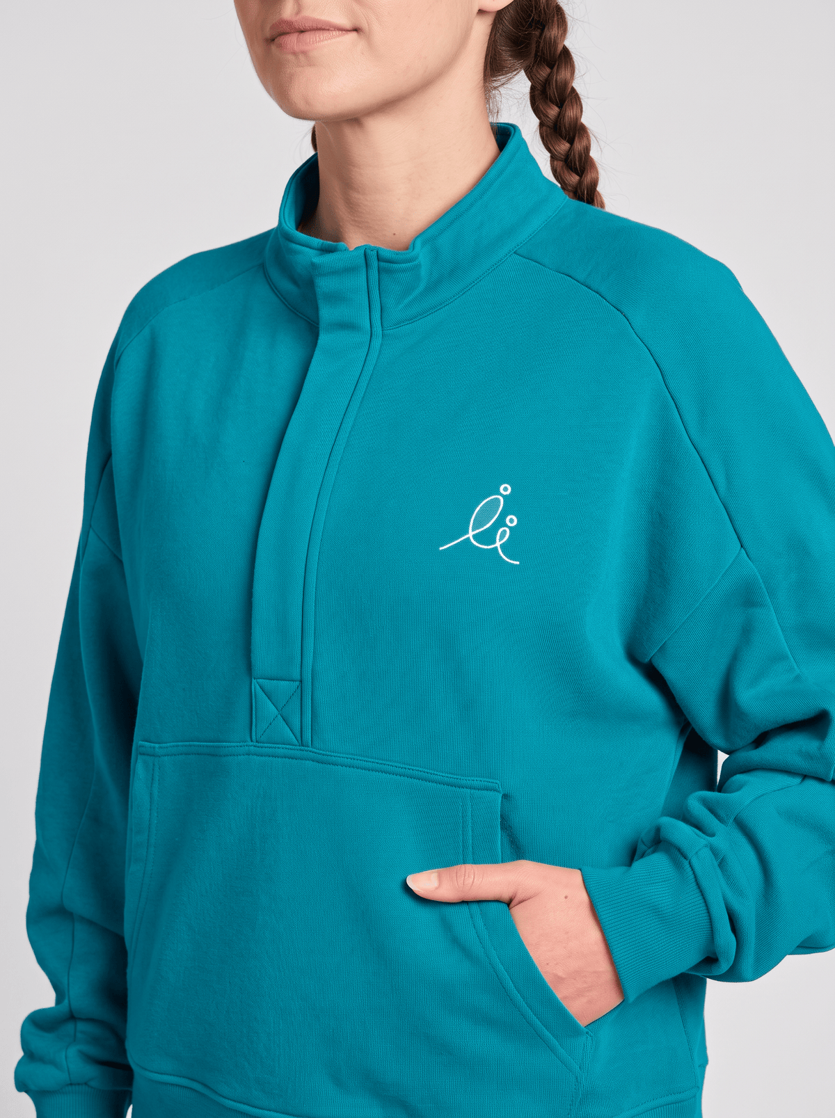FlexiZip Sweatshirt - Teal - stand collar, embroidered logo and kangaroo pocket detail