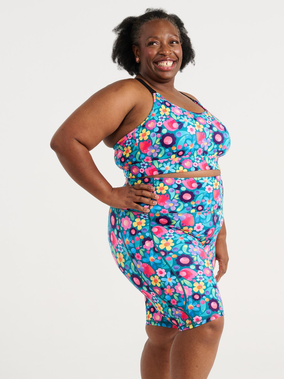 Zee wearing the Floral Fields Everyday Bike Shorts and Floral Fields Miracle Nursing Sports Bra, colourful floral activewear