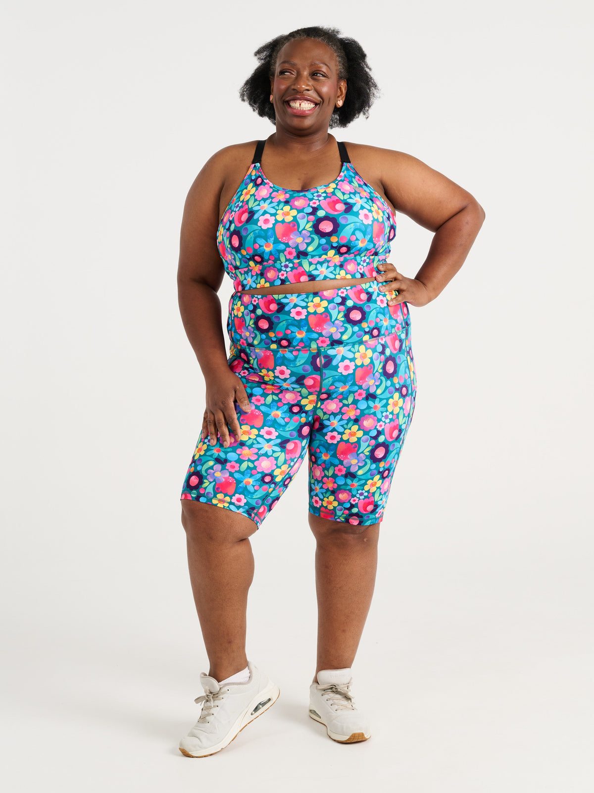Zee wearing the Floral Fields Everyday Bike Shorts and Floral Fields Miracle Nursing Sports Bra, colourful floral activewear