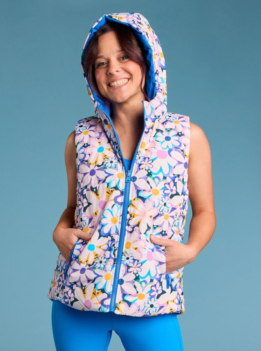 Garden Reef Reversible Hooded Puffer Vest- Adults - floral puffer vest with hood petite women