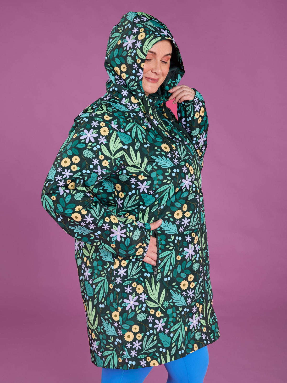 Leaves & Blooms Longline Raincoat - waterproof raincoat with adjustable hood plus size