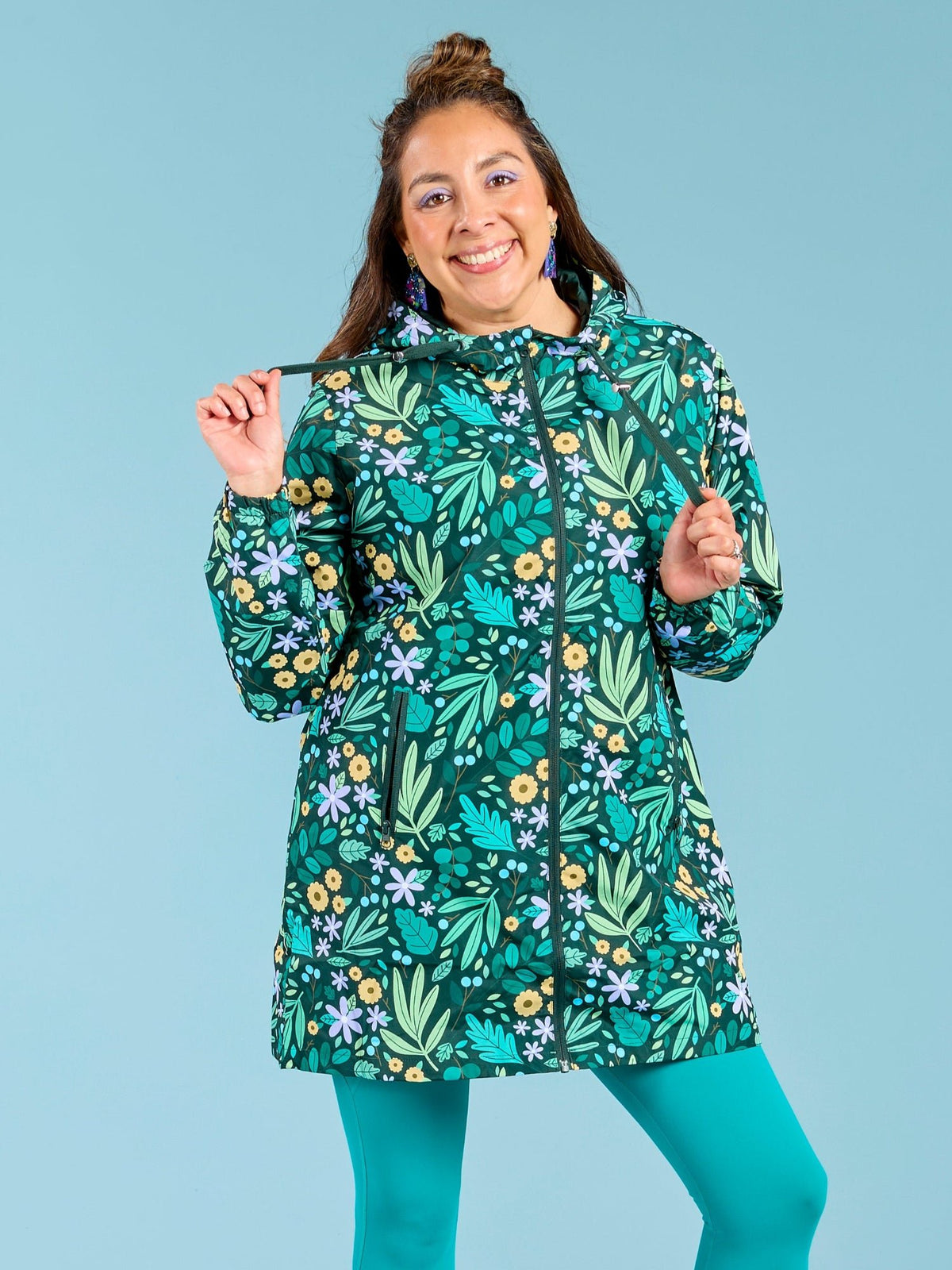 Leaves & Blooms Longline Raincoat - sustainable raincoats with adjustable hood