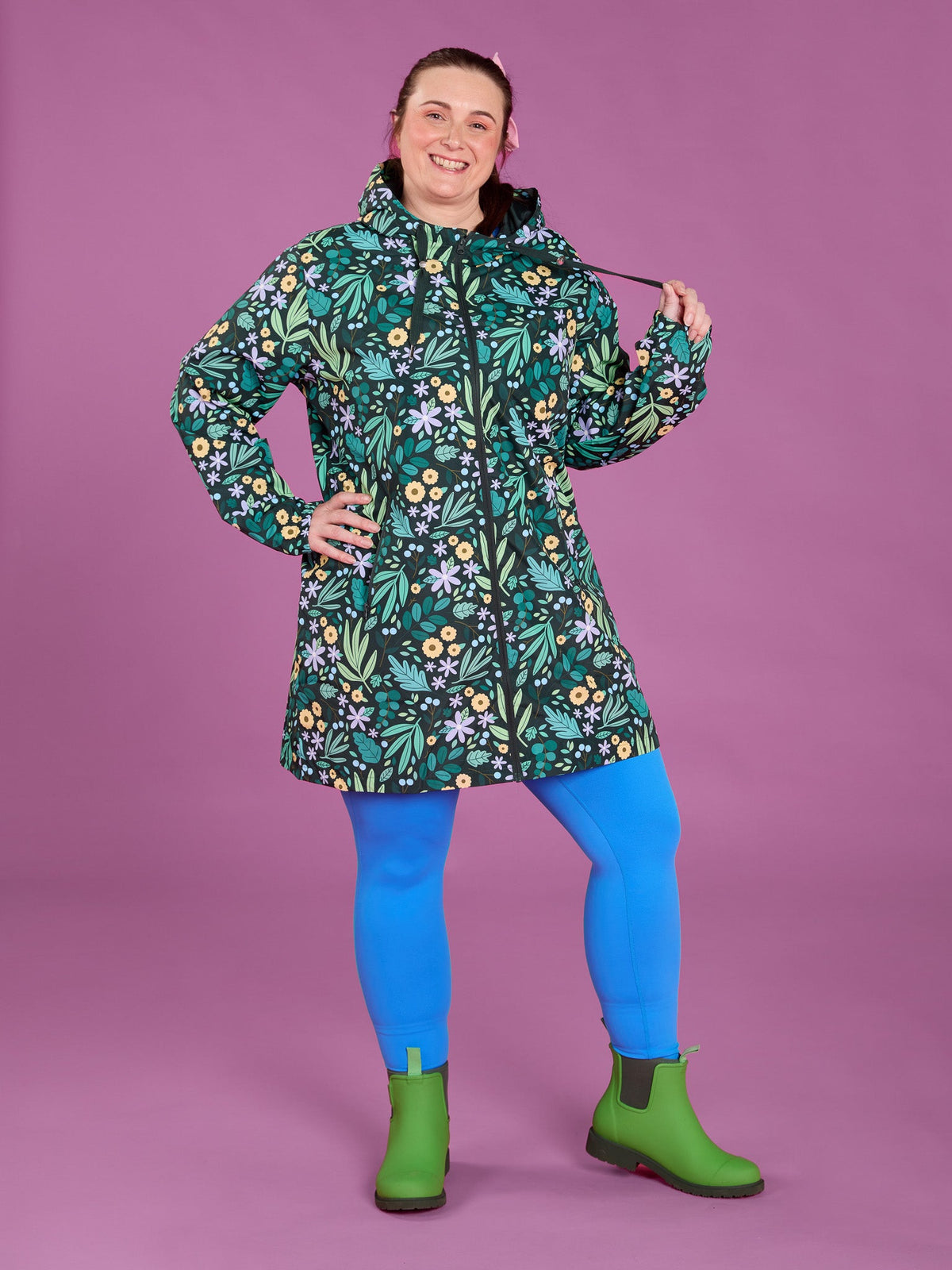 Leaves & Blooms Longline Raincoat - waterproof raincoat with colourful