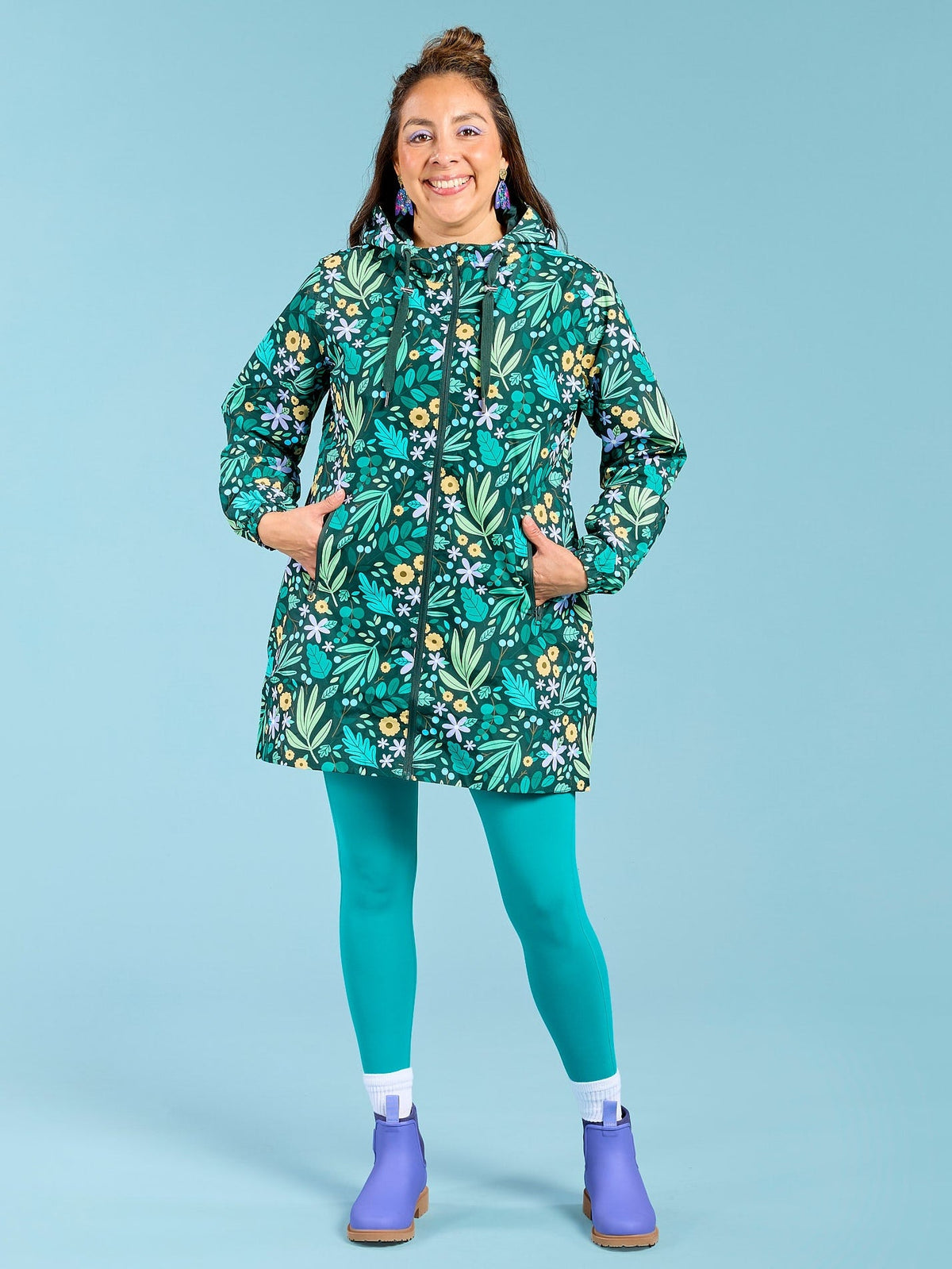Leaves & Blooms Longline Raincoat - sustainable raincoats with adjustable hood