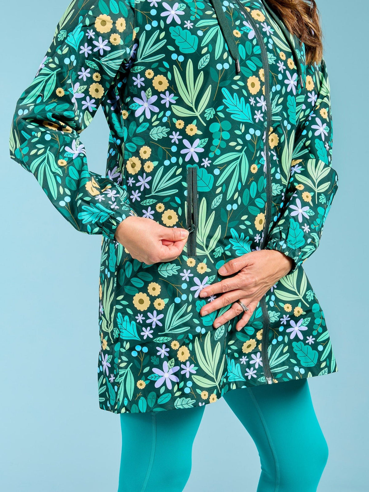 Leaves & Blooms Longline Raincoat - fully waterproof secured zips floral jacket