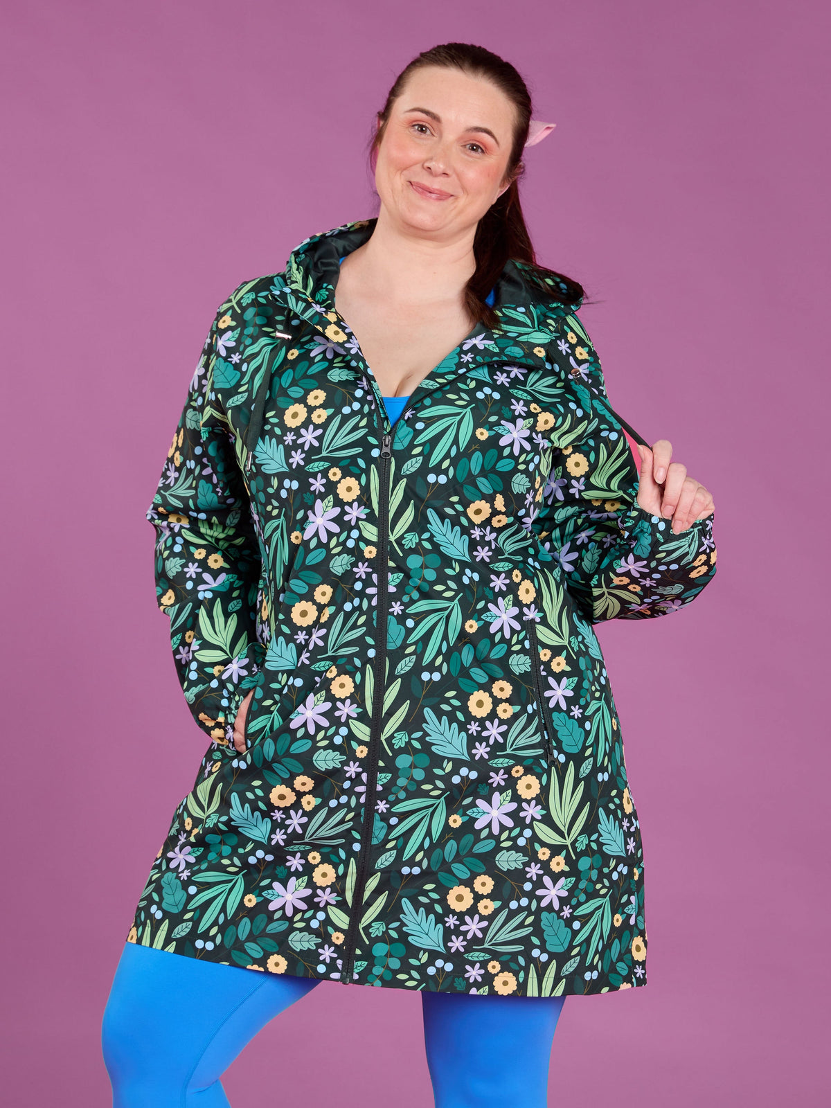 Leaves & Blooms Longline Raincoat - floral print plus size raincoat