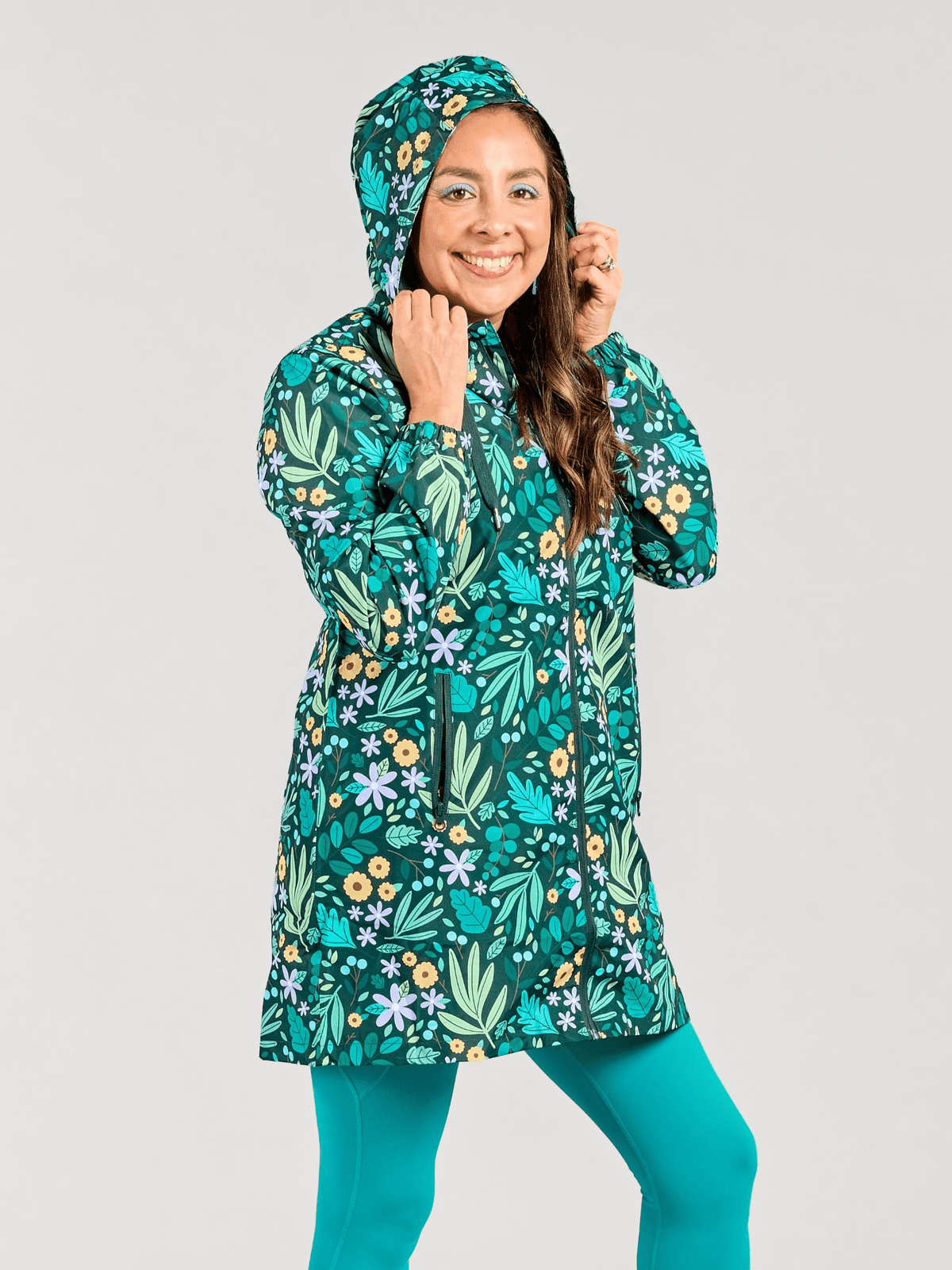 Leaves & Blooms Longline Raincoat - maternity and nursing friendly raincoats, worn by Olga