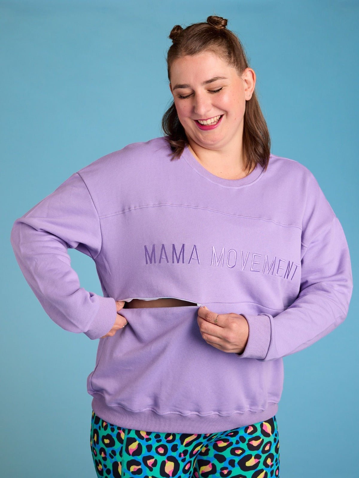 Mama Movement Nursing Sweatshirt - Lavender - Half zip from both sides nursing