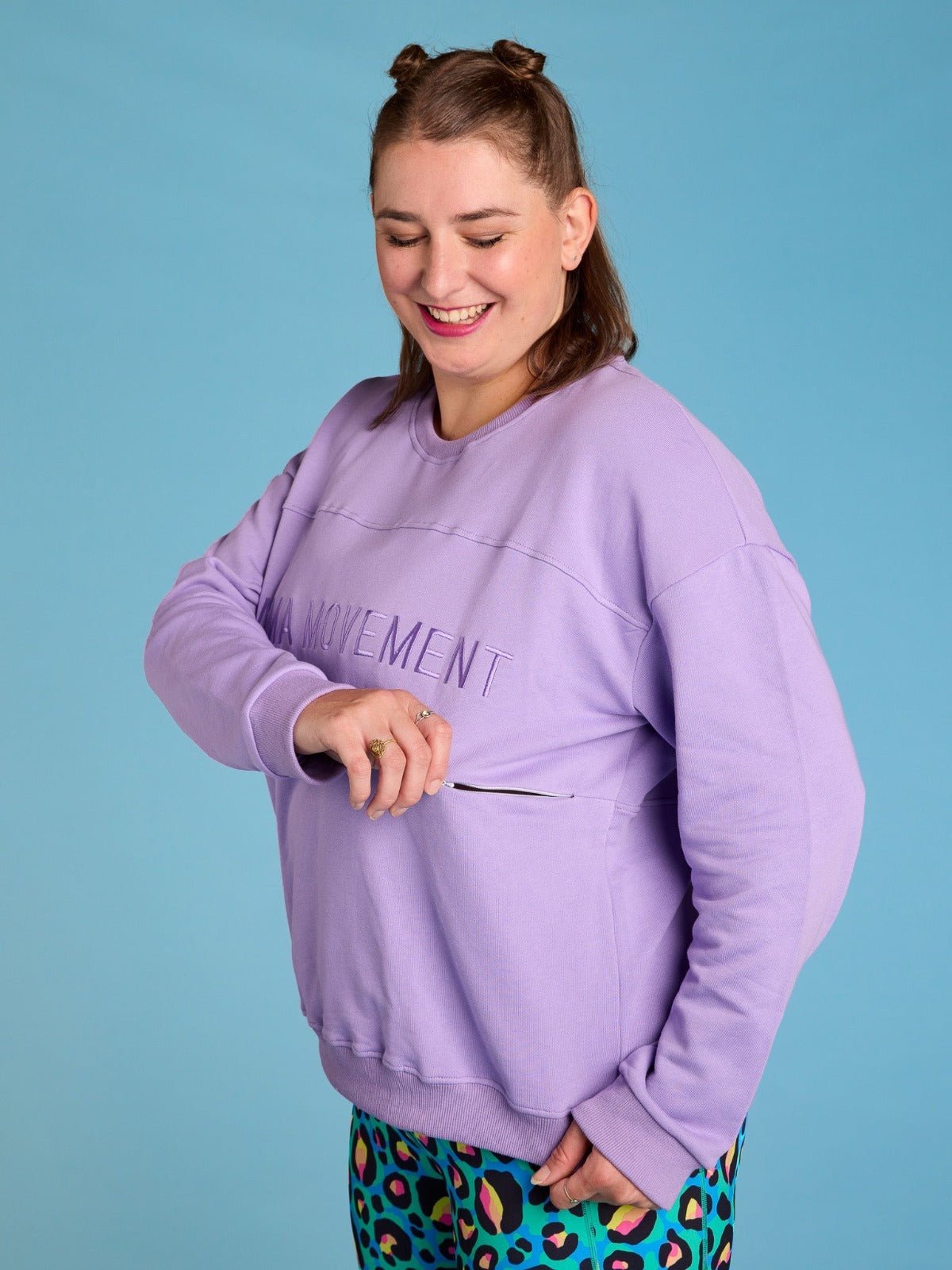 Mama Movement Nursing Sweatshirt - Lavender - horizontal nursing zip relaxed fit