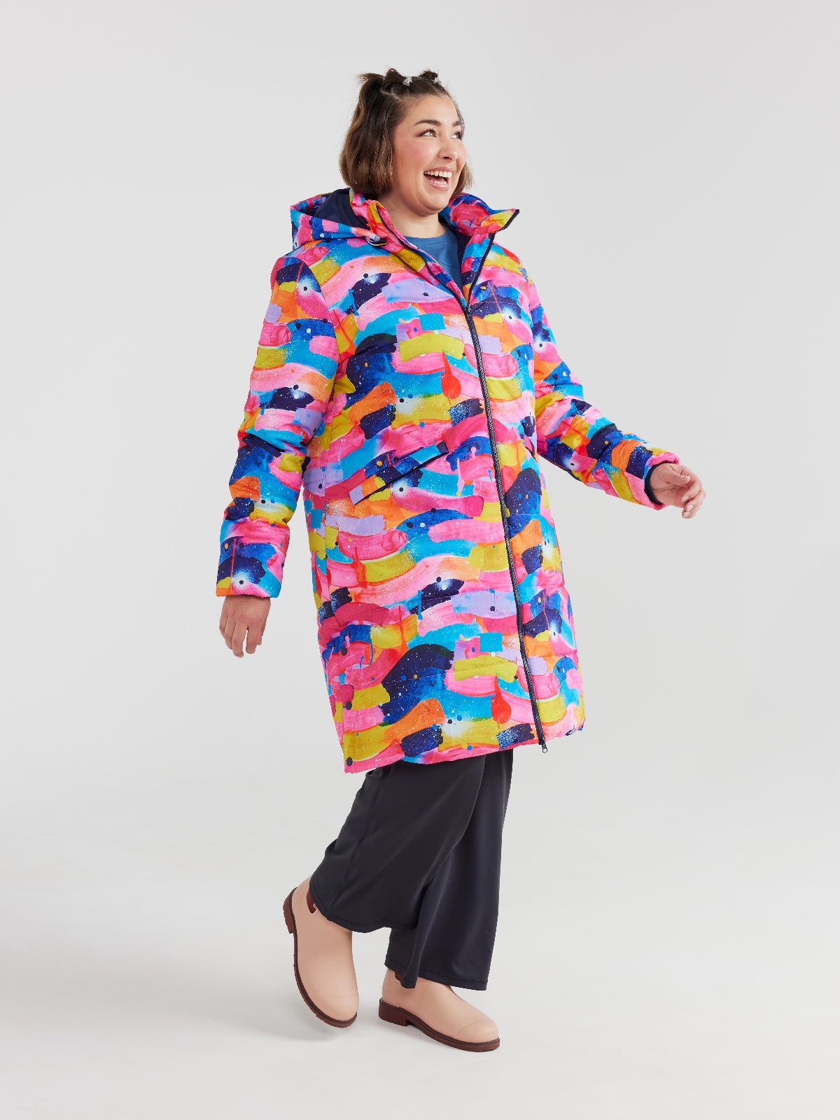 Neon Flow Longline Hooded Puffer Jacket