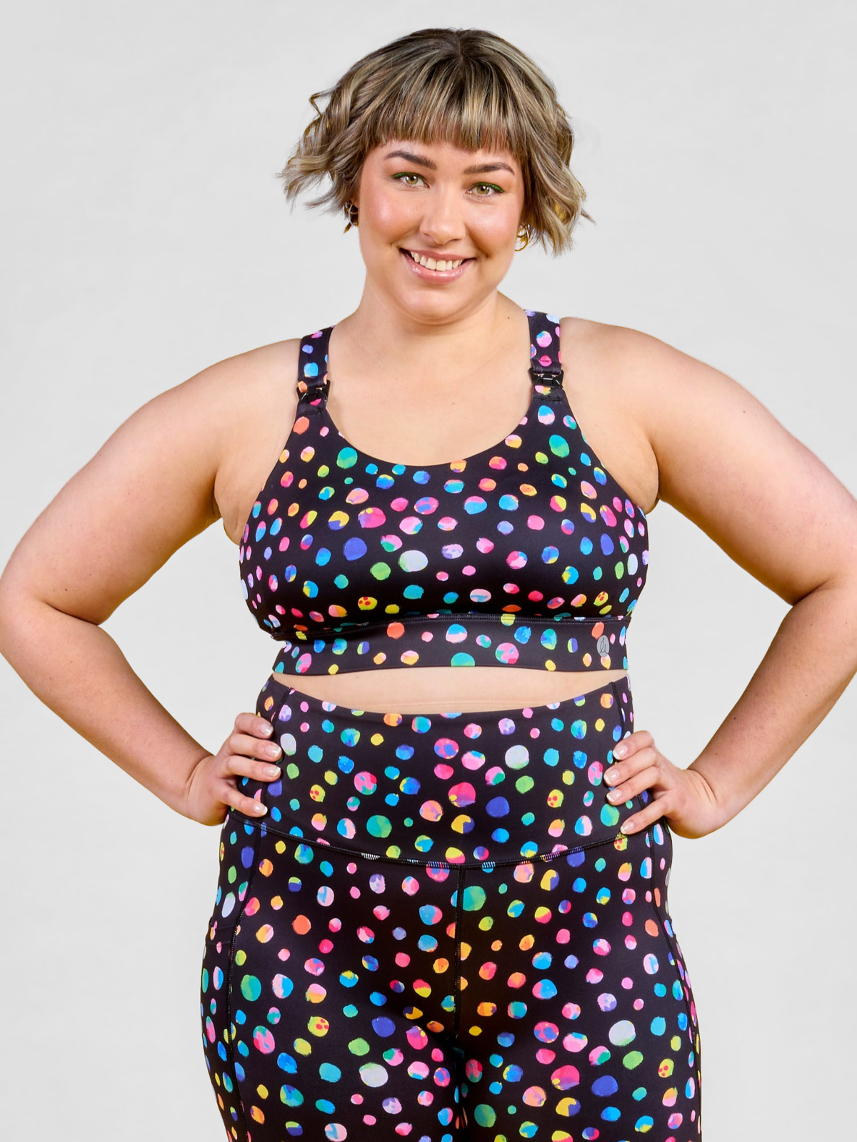 Night Polka Liberty Hookback Nursing Crop - Plus size nursing bra, worn by Steph