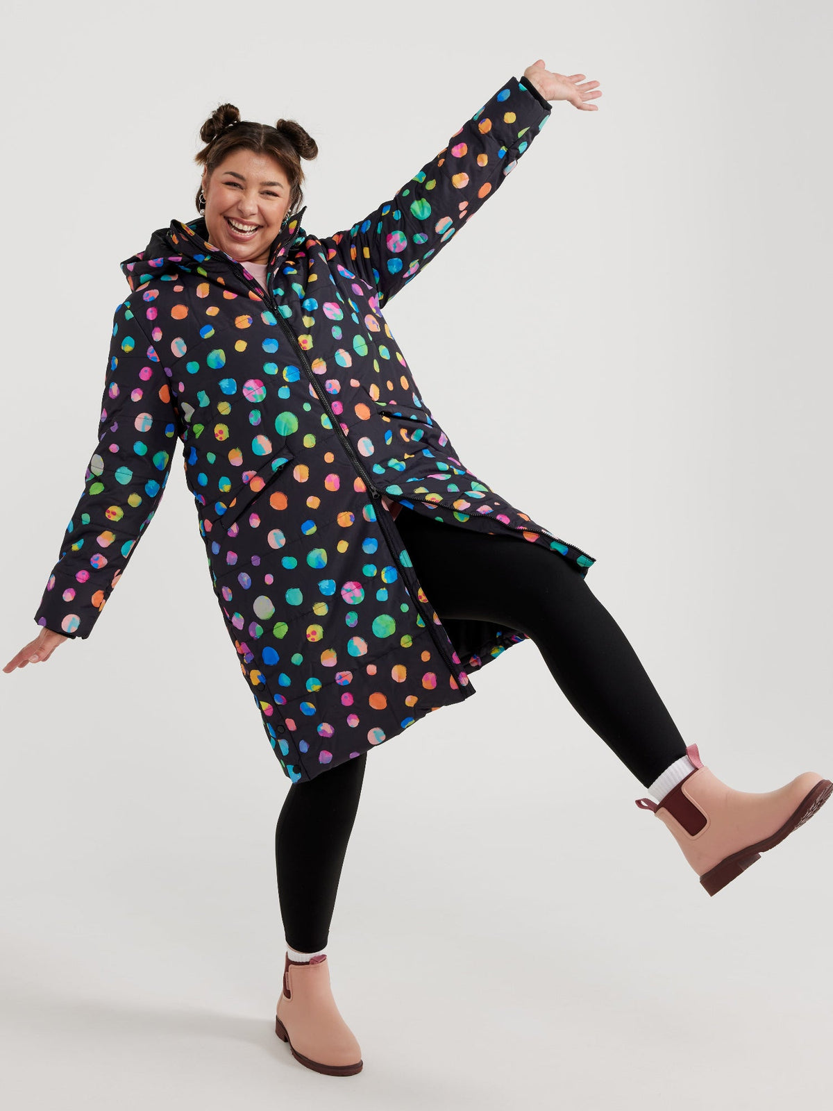 Night Polka Longline Hooded Puffer Jacket