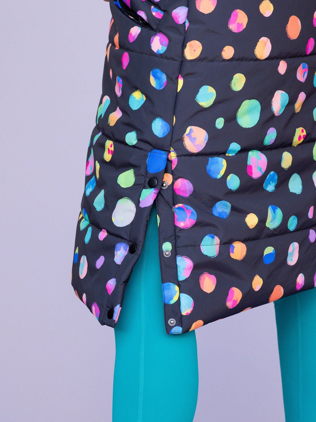 Night Polka Longline Hooded Puffer Jacket - pop button seams for extra leg room