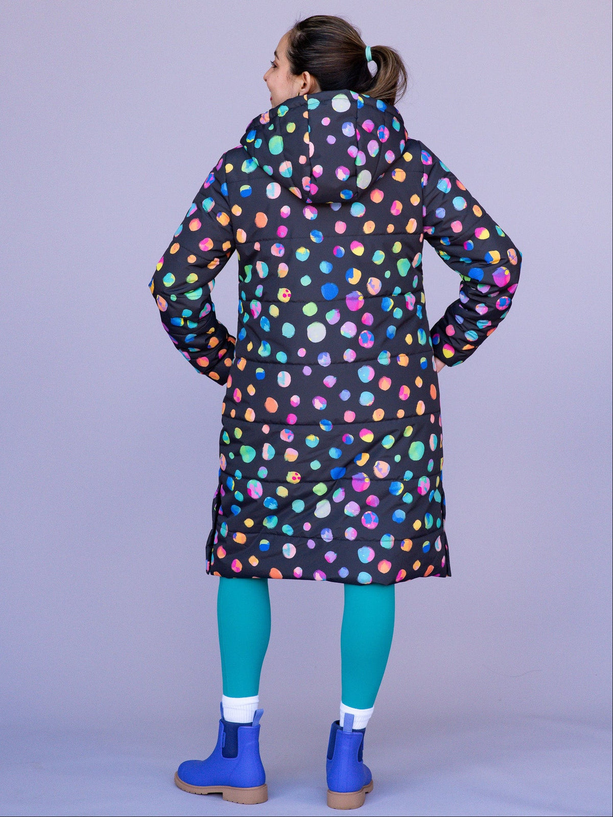 Night Polka Longline Hooded Puffer Jacket - Model wearing longline puffer jacket styled for winter outfit