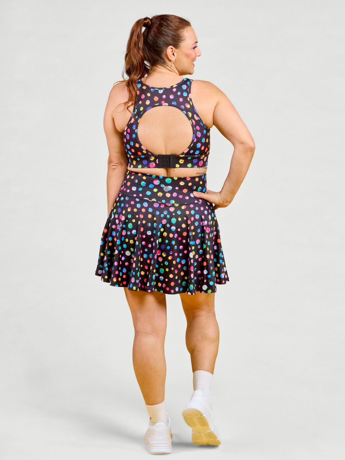 Night Polka Skort - mid thigh length skort, worn by Jaime