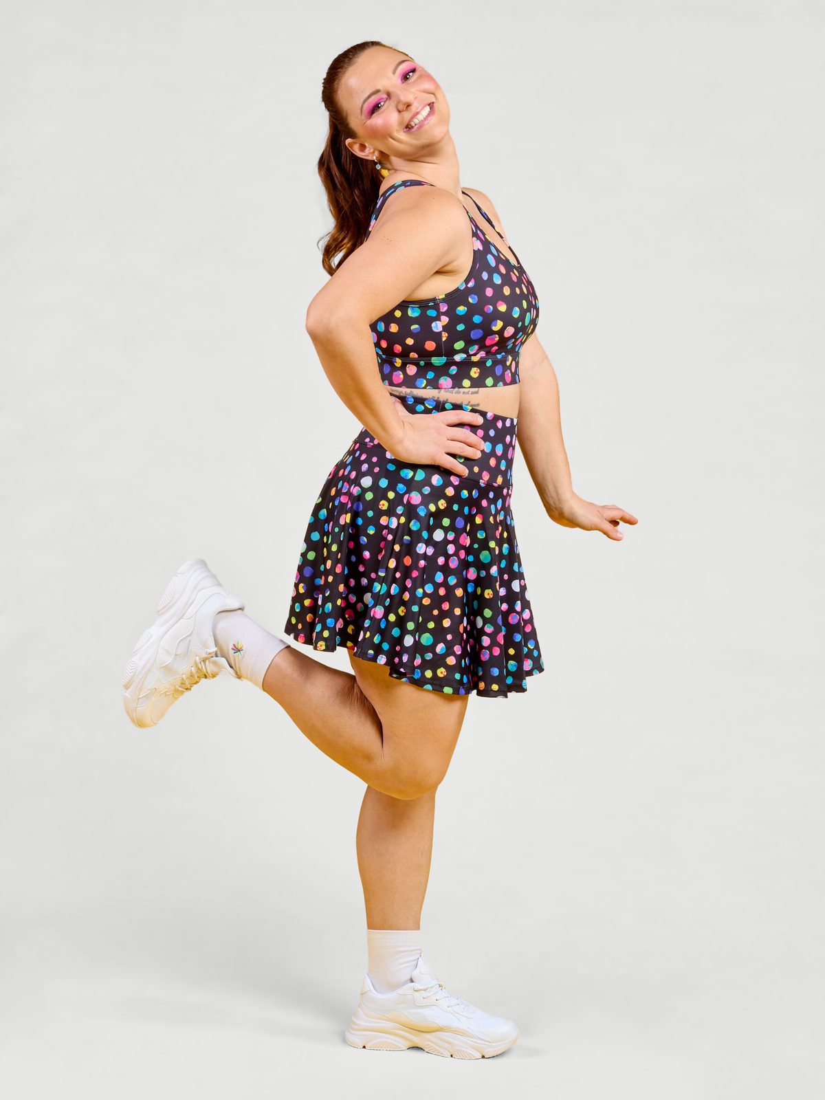 Night Polka Skort - a-line silhouette active wear, worn by Jaime