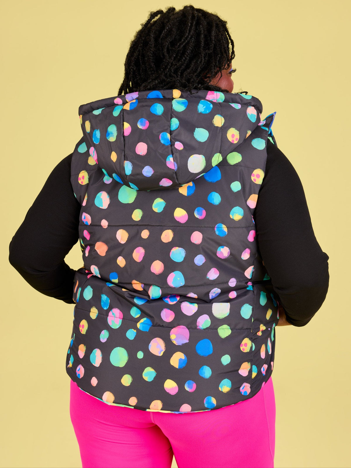 Polka Party Reversible Hooded Puffer Vest- Adults - plus sized reversible removable hood,
