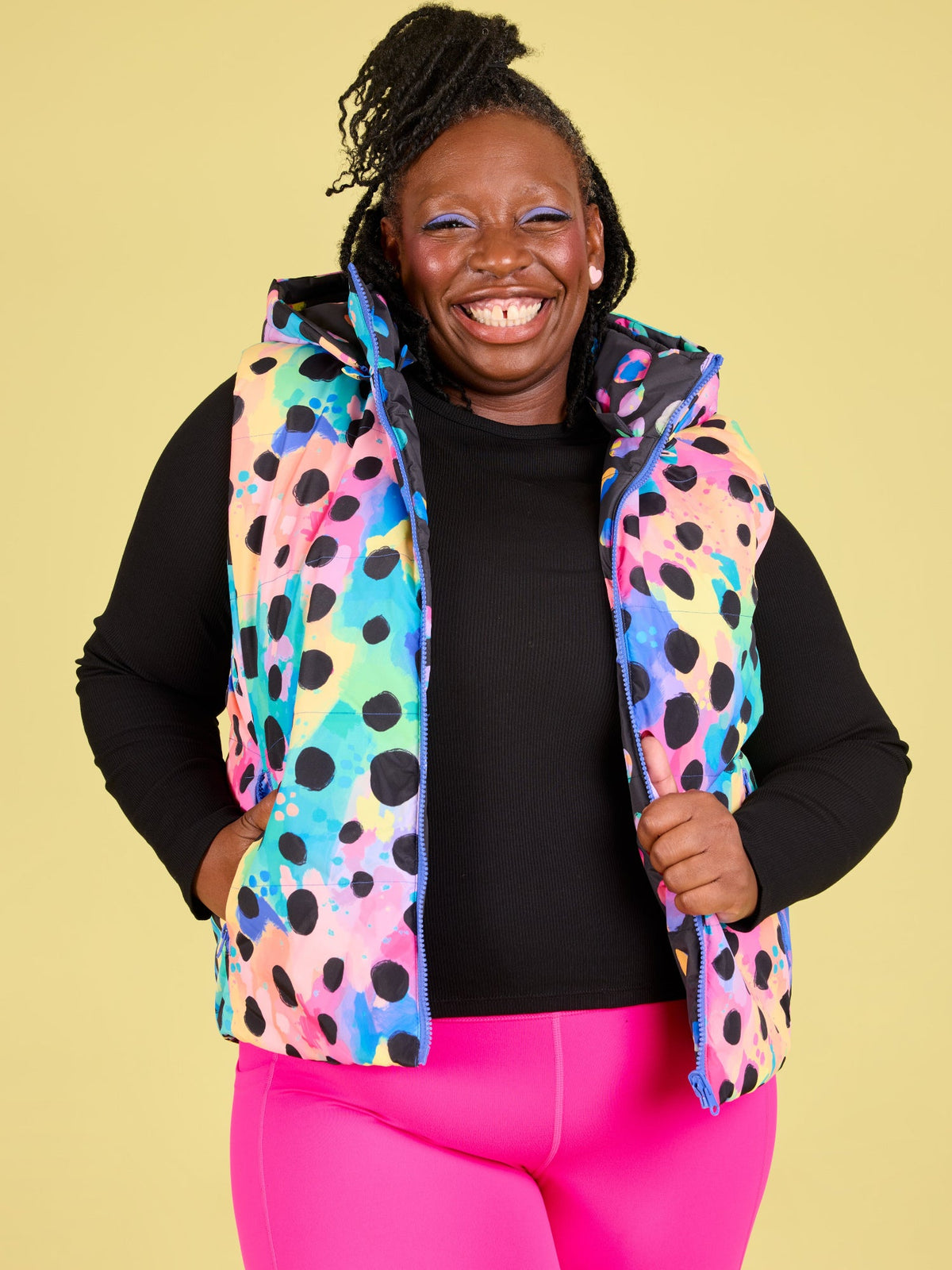 Polka Party Reversible Hooded Puffer Vest- Adults - plus size colourful puffer vest