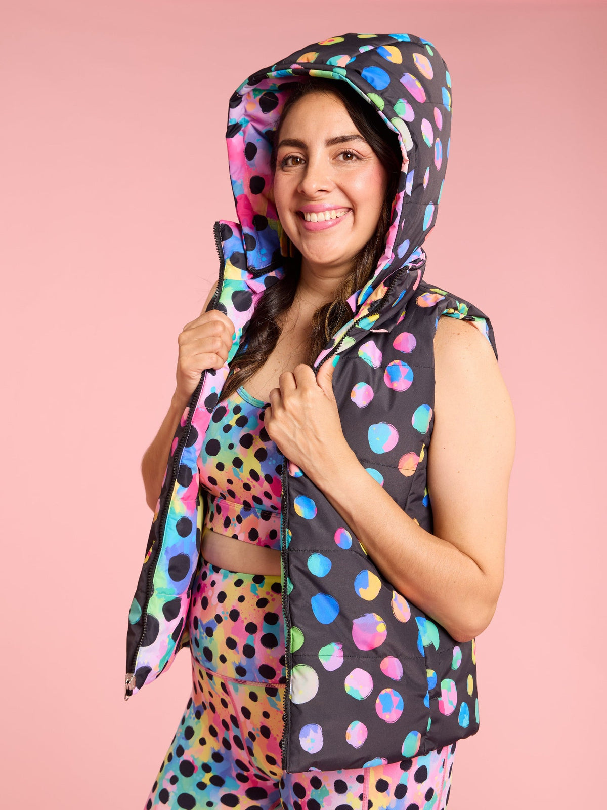 Polka Party Reversible Hooded Puffer Vest- Adults - warm comfy puffer vest hood