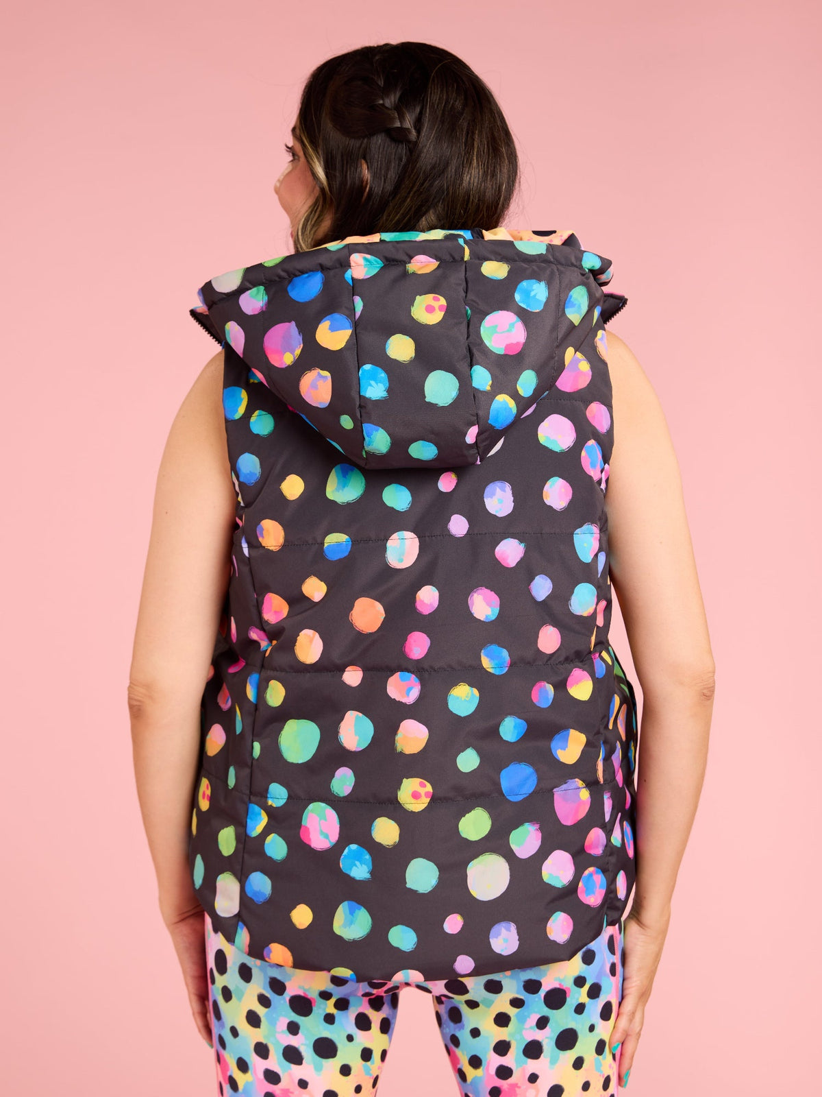 Polka Party Reversible Hooded Puffer Vest- Adults - reversible puffer vest black comfy removable hood