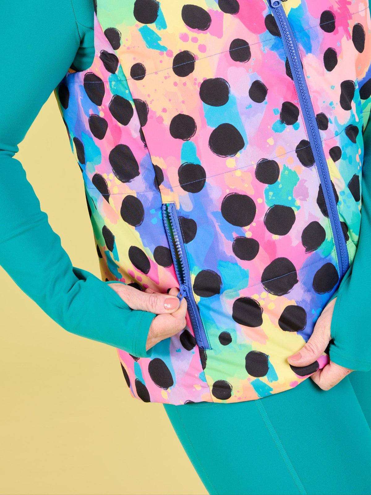 Polka Party Reversible Hooded Puffer Vest- Adults - Polka Party reversible cozy puffer jacket Kasey Rainbow print