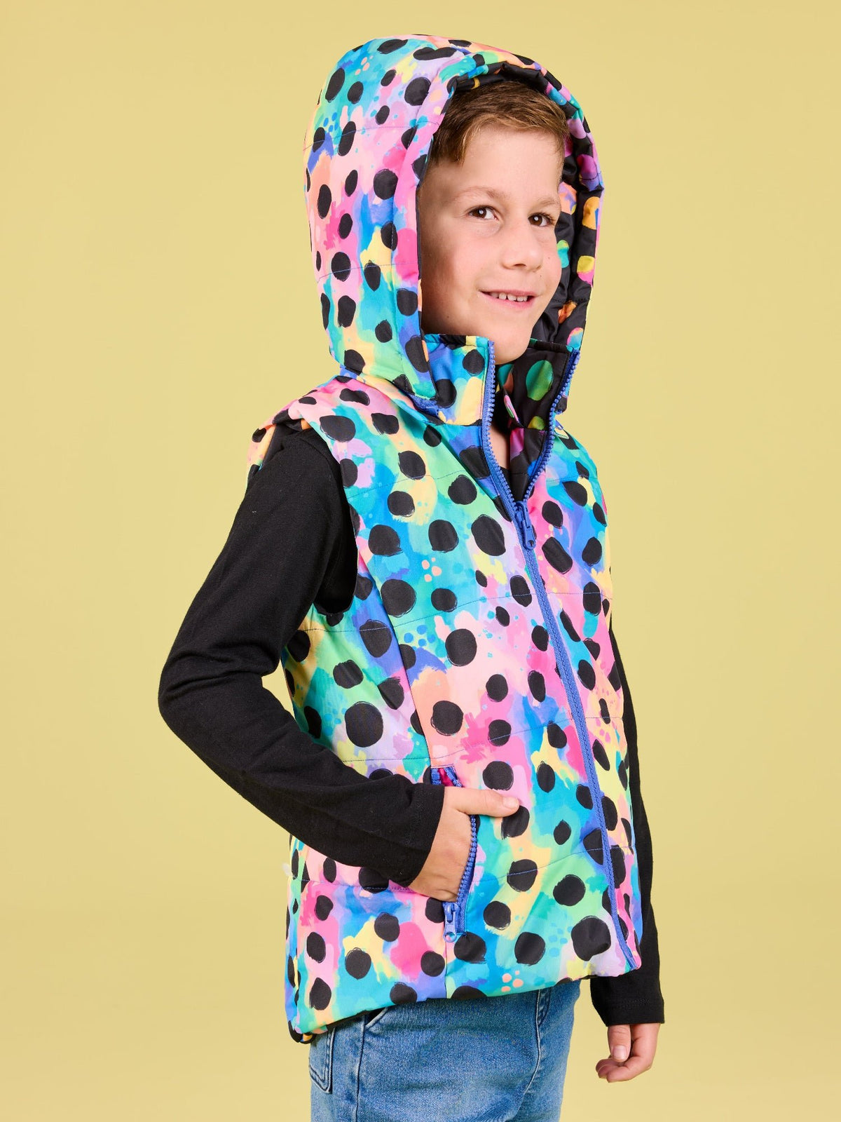Polka Party Reversible Hooded Puffer Vest - Kids - Kasey Rainbow hooded puffer vest child waterproof