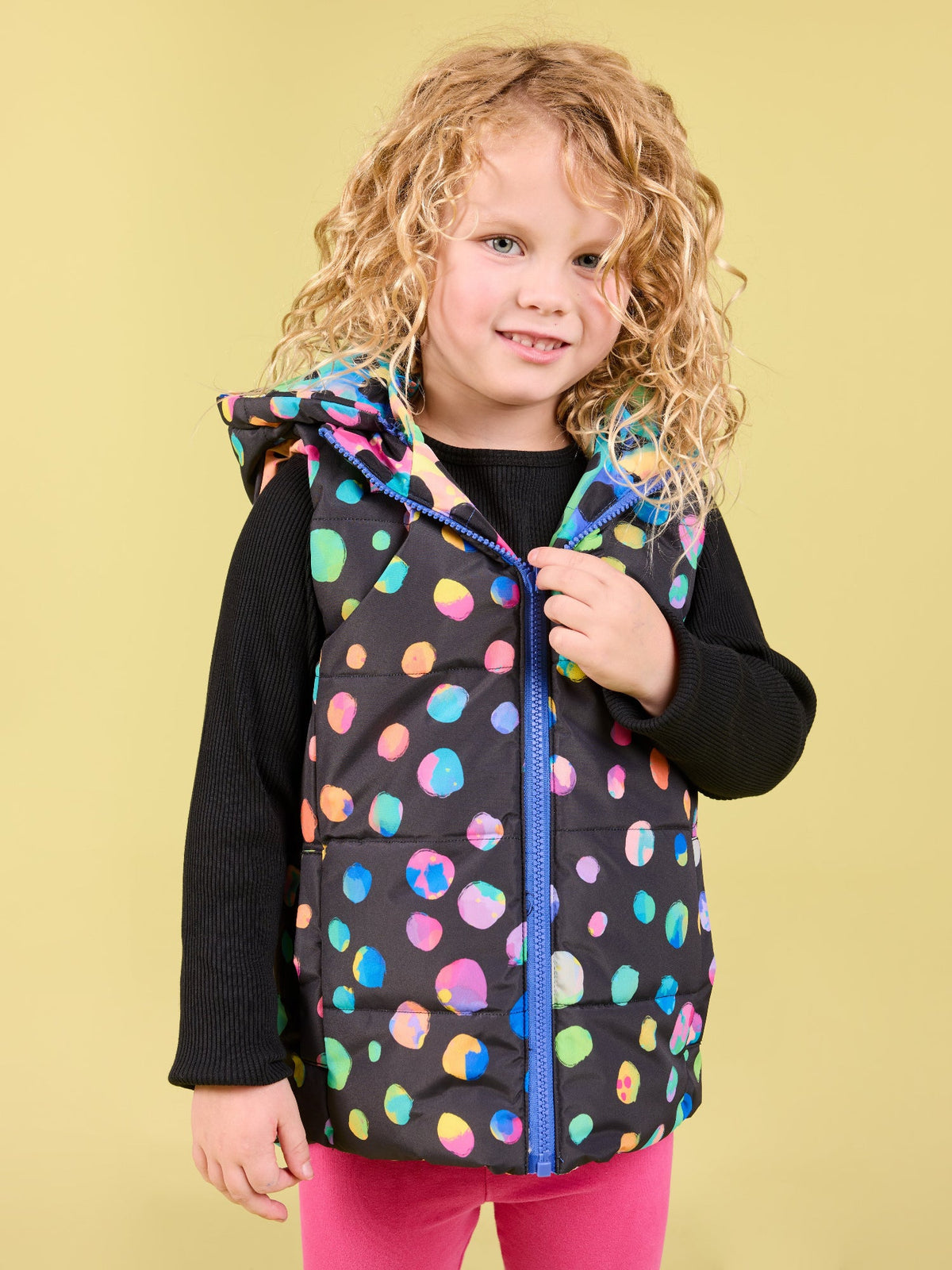 Polka Party Reversible Hooded Puffer Vest - Kids - Kasey Rainbow children's puffer jacket warm