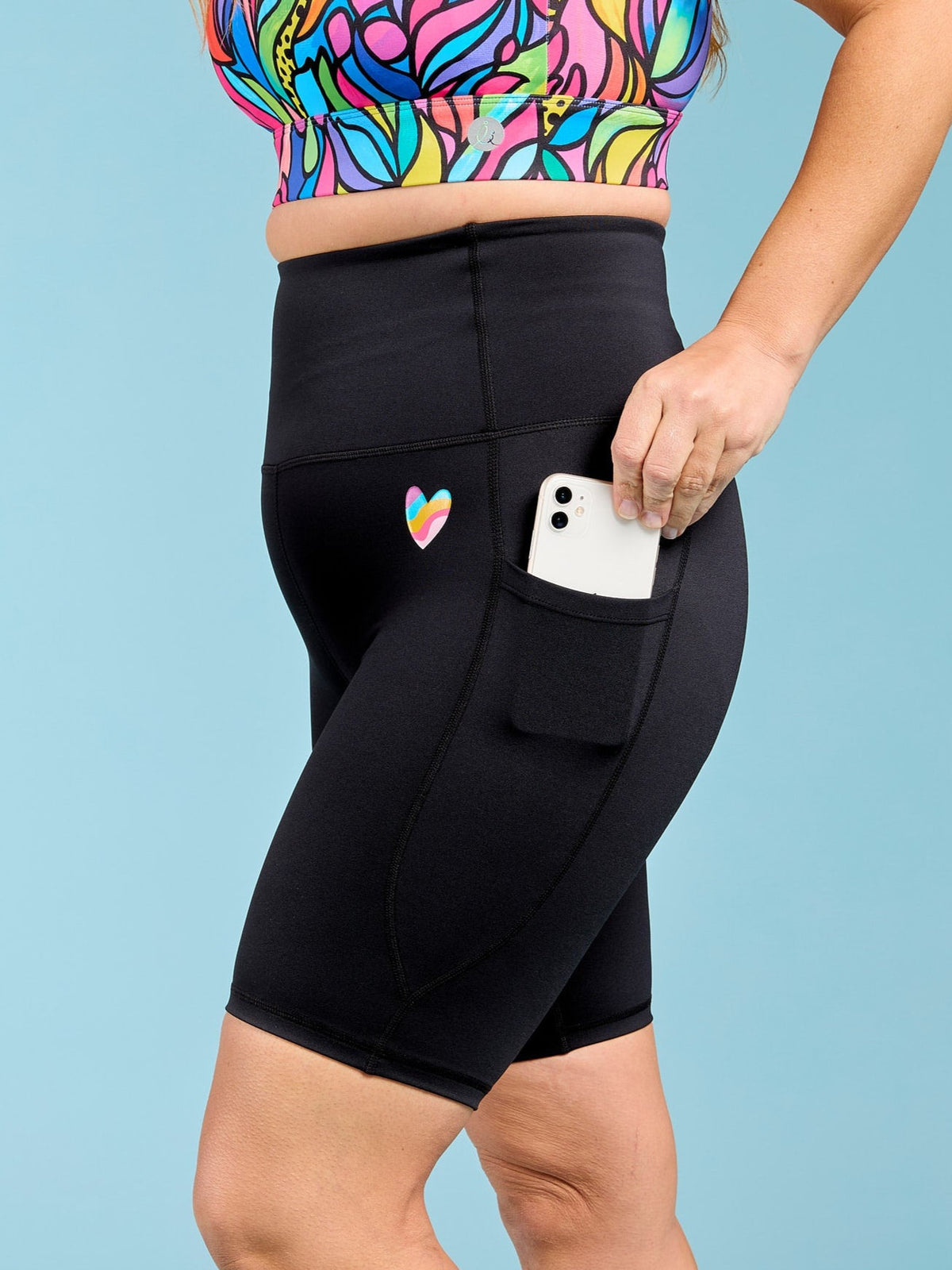 Rainbow at Heart Everyday Black Biker Shorts - side pocket for phone keys