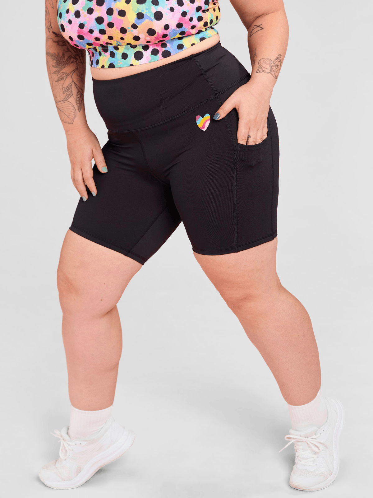 Everyday Black Shortie Shorts- plus size black bike shorts for running, worn by Tahlia