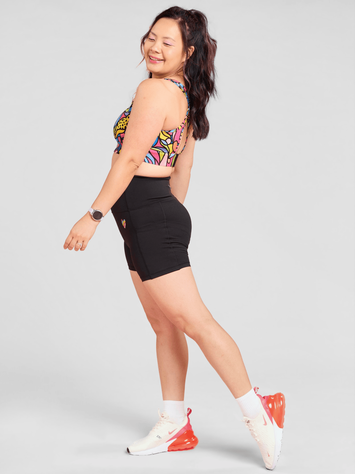 Everyday Black Shortie Shorts- no roll down black bike shorts petite women, worn by Faye